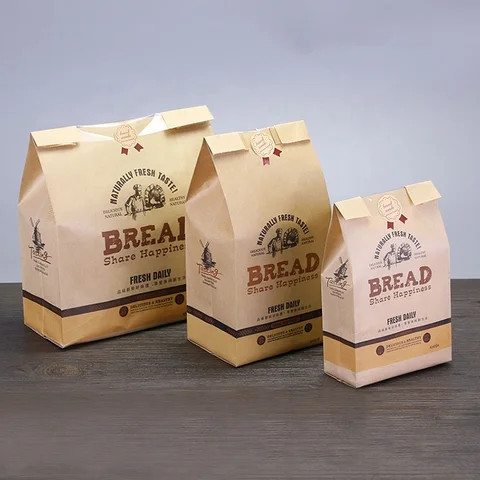 Custom Printed  Cookies Packing Kraft Sandwich Bread Eco Friendly Bakery Food Baguette Loaf Packaging Paper Bag With Window