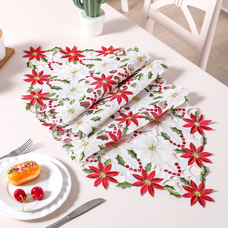 Custom Size Polyester Red White Hollow and Full Embroidery Design Embroidered Christmas Flowers Table Runner