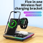 Customized 15W Fast Wireless Charging Desktop Phone Stand Holder 5 in 1 LED Clock Night Light Wireless Charger With Alarm Clock