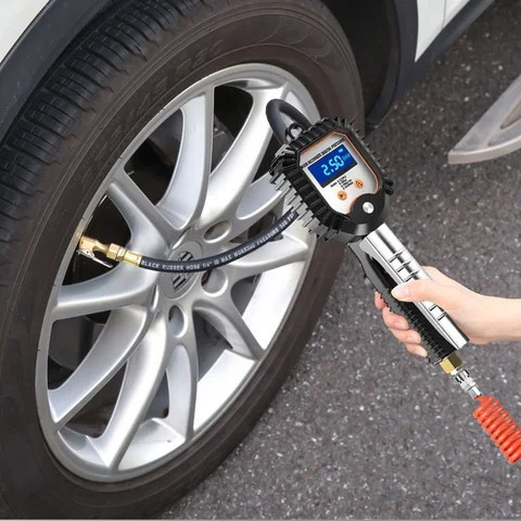 Digital Car High-precision Tire Pressure Gauge with Inflator Connector Backlit Screen Inflator Gun 4 Pressure Units 255 PSI Max