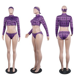 Digital Print Purple Women Swimwear Zip it Up Long Sleeve Swimsuit 3 Pieces Bikini Set With Scarf
