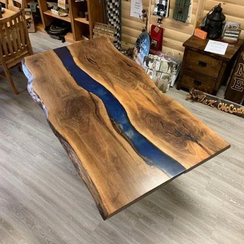 Epoxy Resin Dining Handmade Coffee Top Home River Wood Rectangle Decor Custom Blue Wooden Furniture Center Ocean Edge Walnut
