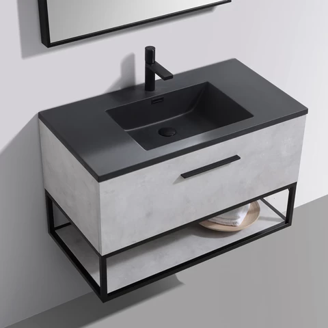 Factory Customized Simple Matt Finish Black Rectangular Resin Stone Bathroom Sink