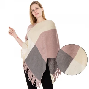 fashion multicolor big size knitted tassel poncho with checked  winter warm v- neck sweater 100% acrylic shawls