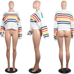 Fashion New Design Sexy Knitted Pullover Crew Neck Batwing Long Sleeve Women Rainbow Sweater