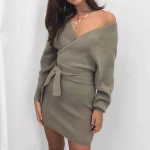 fashion  wrap hip warm knitted long sleeve belted v neck mini dress women sweater tops