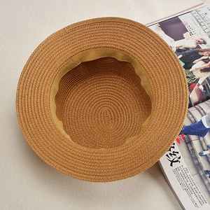 Fashion Solid Color Narrow Brim Bowknot Flat Top Straw Hat School Boater Hat For Women
