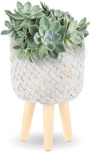 Flower Pot Planter with Stand Glazed Cement Decorative Plant Pots for Indoor and Outdoor Succulents Wicker Baskets