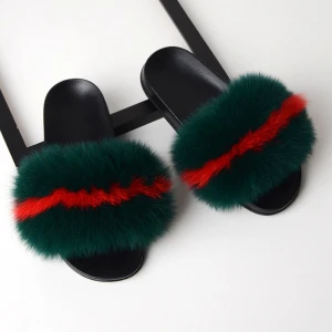 Fox hair slippers with fox  summer fur slippers slides lady plus fox raccoon fur flip flops beach fur slippers and purse sets