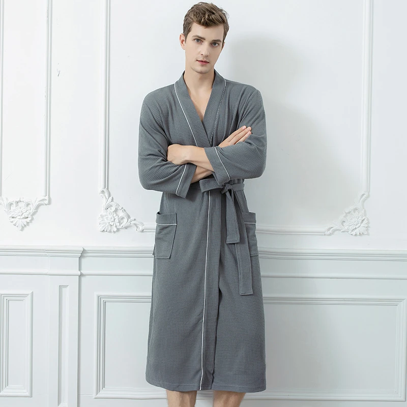 Gray Fashion In-stock Men Bath Robes Pajamas Home Wear Robe Waffle Satin Robes Men Long Sleepwear