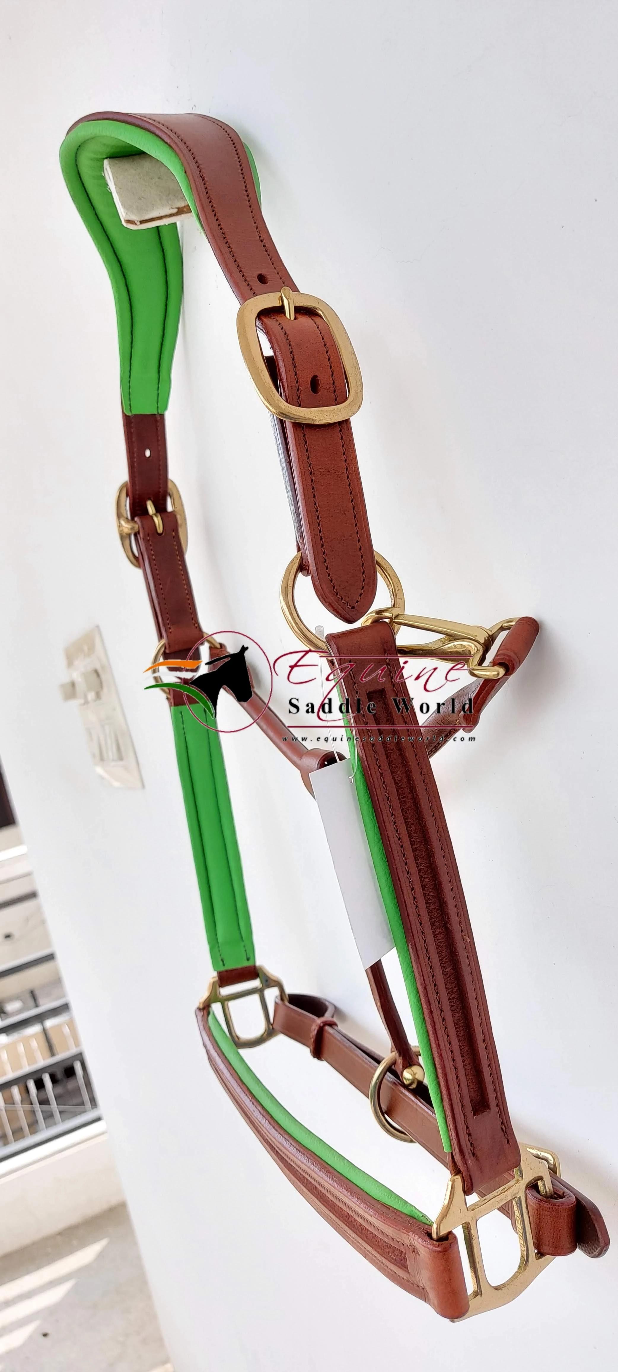 HIGH QUALITY HORSE HALTER CHESTNUT WITH EMPTY CHANNEL ON NOSE AND SIDES AND SUPERIOR QUALITY GOLD HARDWARE AND GREEN PADDED
