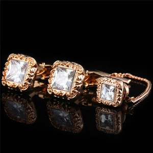 High quality large zircon pattern collar pin set men&#39;s business tie clip collar pin and cufflinks