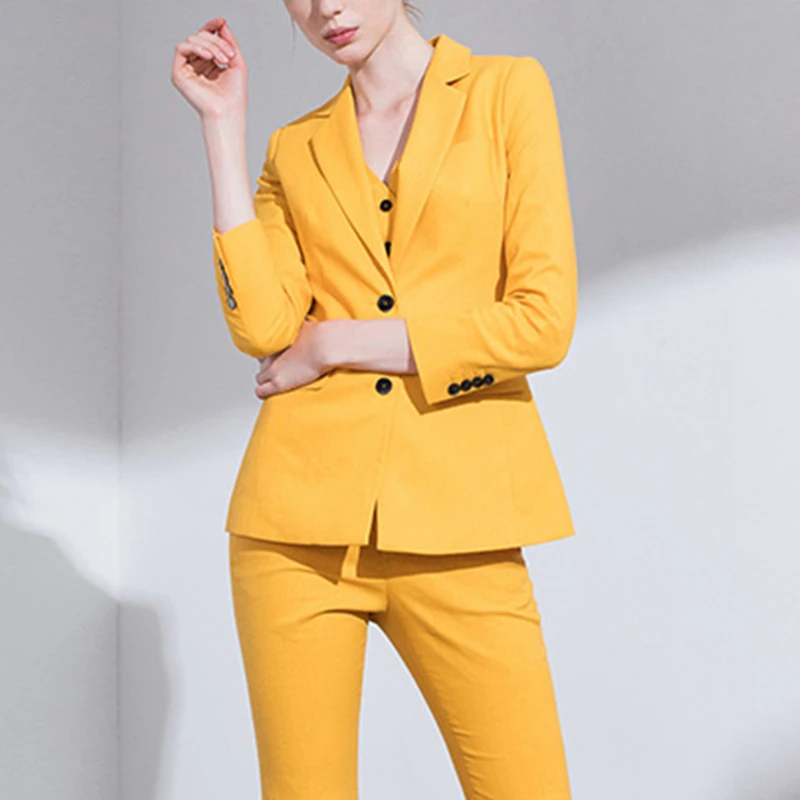 high quality wholesale OEM Custom label yellow fashion female lady office work wear women three piece business suit