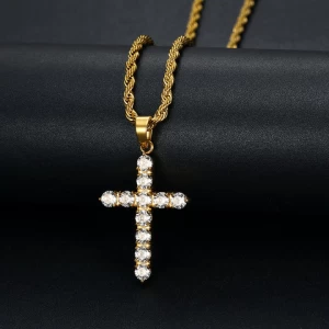 Hiphop stainless steel gold plated zircon cross pendant cuban link chain necklace jewelry