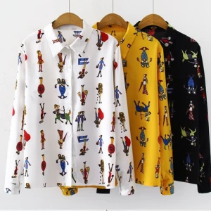 Hot Sale Korea Style Women Cartoon Printed Button Long Sleeve Casual Shirt Blouse