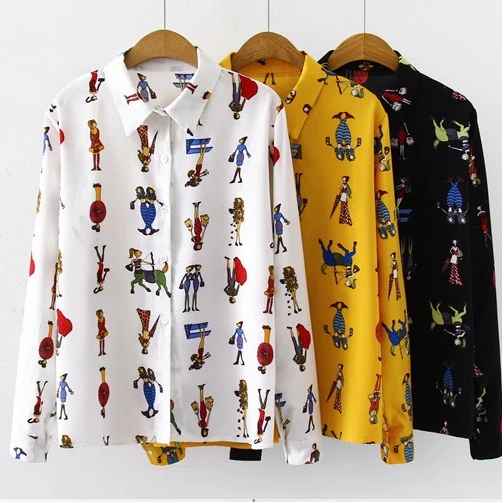 Hot Sale Korea Style Women Cartoon Printed Button Long Sleeve Casual Shirt Blouse