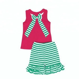 Hot-Selling boutique red sleeveless top green and white stripes ruffle shorts girl clothing set