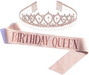 Hot Selling New Design Princess Crown Bronzing Letter Happy Birthday Girl Queen Sash Tiara Set