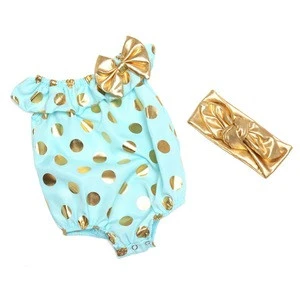 Hot summer new pure cotton baby Jumpsuits bronzing little girls climb clothes gold dot and headband