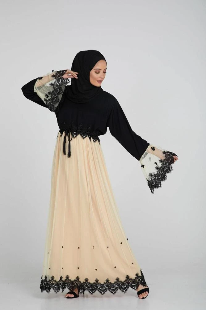 Islamic New Modern O Neck Long Sleeves Lace Applique High Waist Elegant Mesh Abaya Dress With Blet For Women