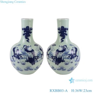 Jingdezhen Cyan Color Blue and White Porcelain Baby Playing Ceramic Decorative Globular Vase