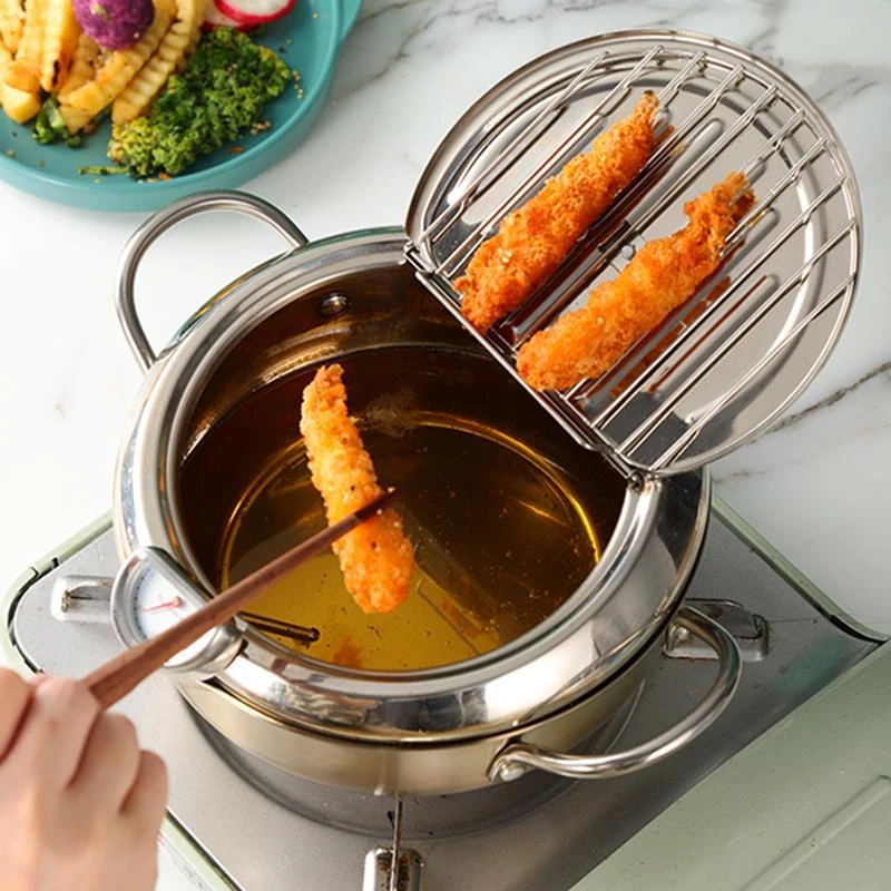 Kitchen Cookware Tempura Small Chicken Stainless Steel Deep Fryer Pots With Oil Filter Net Thermometer 201 stainless steel 20cm