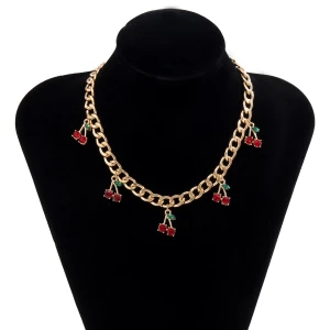 Korean Cute Glass Drill Rhinestone Cherry Necklace Jewelry Set