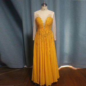 L2103 Long Sleeves Evening Dresses Beaded Top Chiffon Custom Luxury Party Prom Gowns