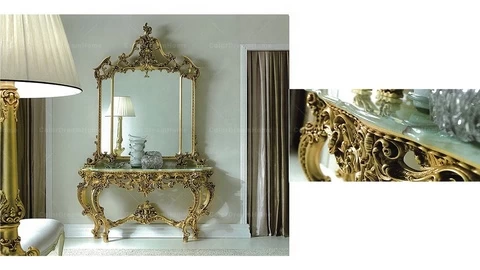 Luxury baroque style golden wood carving marble console table with mirror
