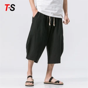 Men elastic Middle Waist Casual Loose Trousers Linen cotton  Pants