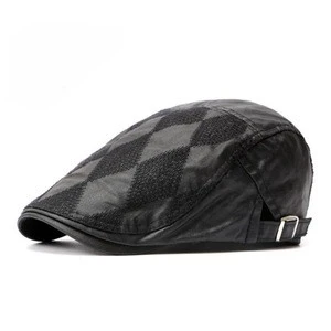 Men&#39;s vintage Check point style leather ivy cap, custom ivy hats