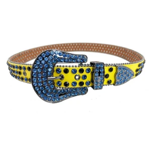 Mens Yellow Belt Strap with Custom Color Rhinestone in Thicker Alloy Buckle
