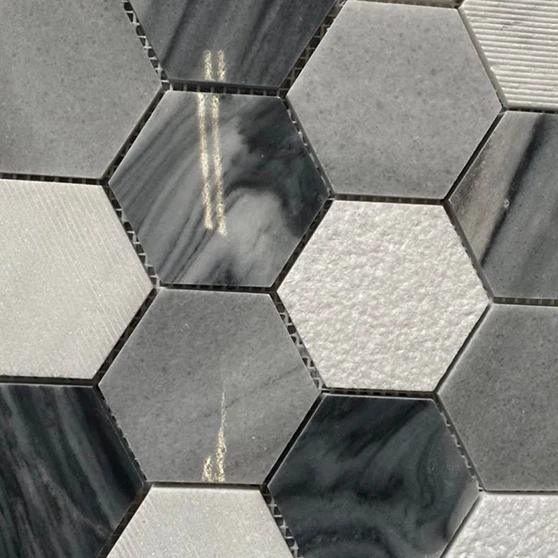 Mix dark gray and white texture polished 73mm big hexagon marble mosaic tile