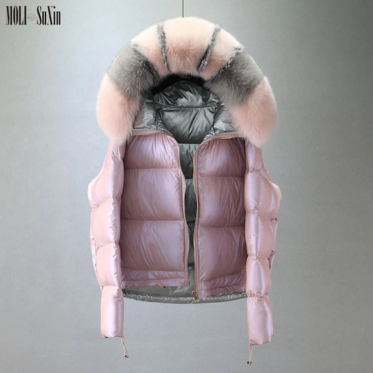 MOLI Plus Size Korean Double Wear Puffer Down Overcoat Fox Fur Collar Winter Shiny Women Jackets Coat