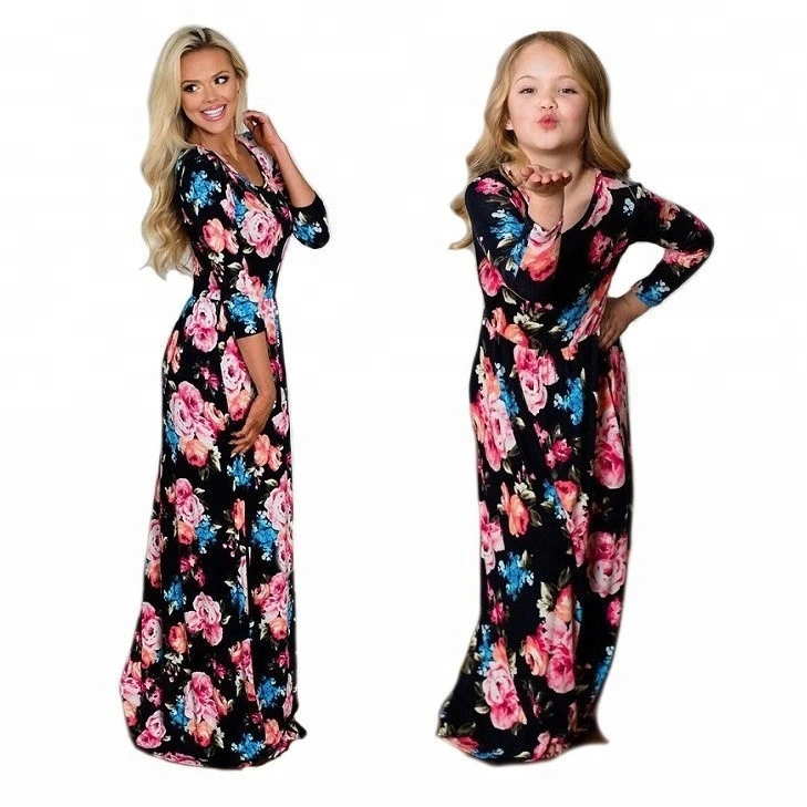 Mom and Daughter Floral printed Casual Matching Family Fall Clothes Maxi Long Dress Outfits Mother Daughter Matching Dress