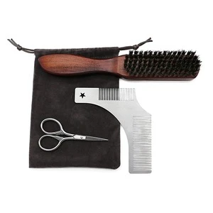 Multi-Functional Beard Grooming Kit Set For Men Care Wood Boar Beard Brush Stainless Comb Mustache Scissor Beard Comb Set
