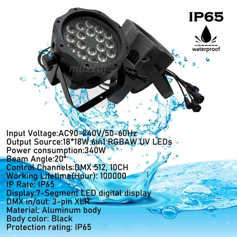 Muxxdj Waterproof ip65 led par 18X18W RGBWA UV 6in1 Dmx Led Par Light For Dj Club Disco Party