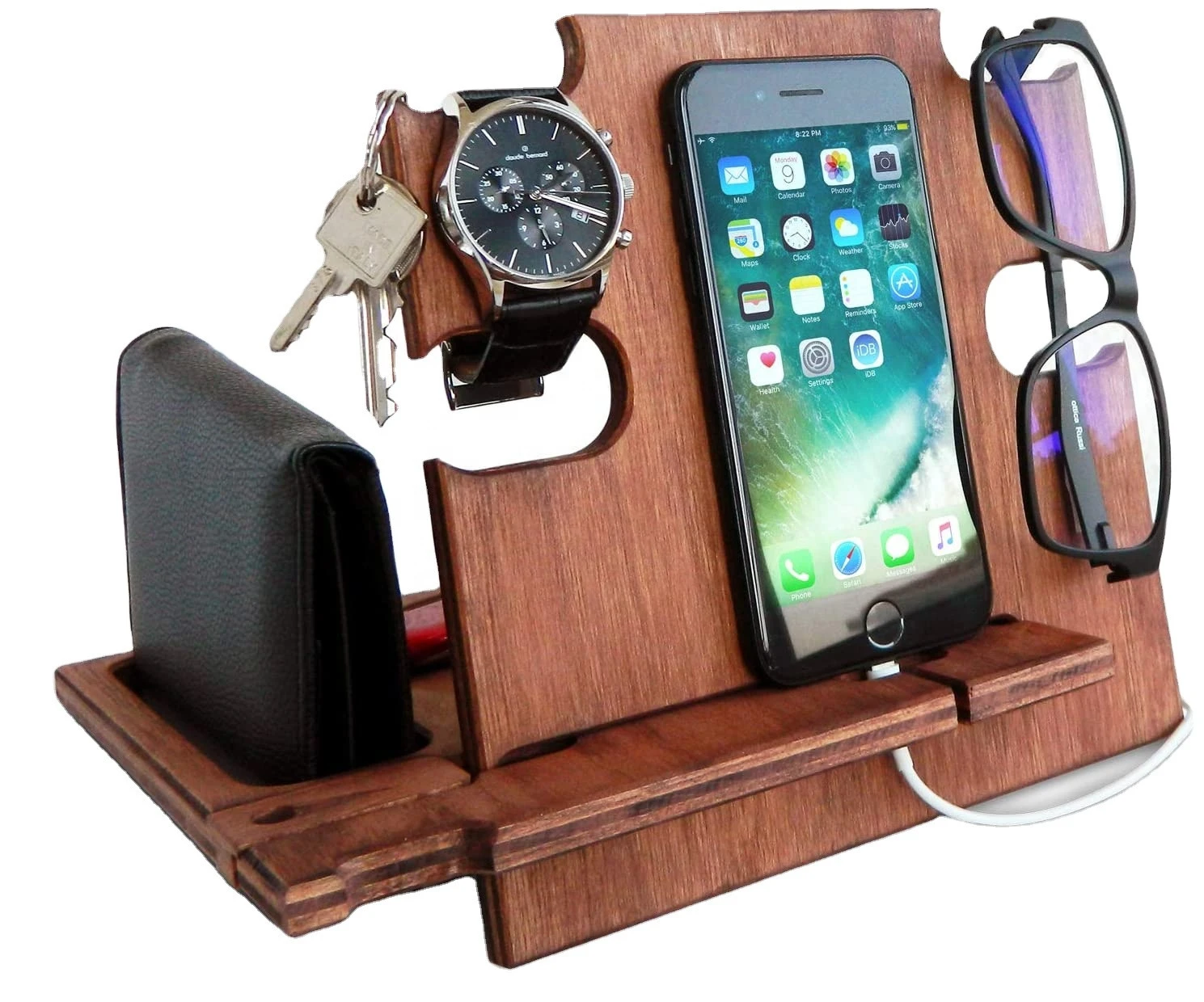Natural Walnut Ash Wood Phone Docking Station Key Hooks Holder Wallet Stand Watch Organizer Men Gift Desktop Storage Rack