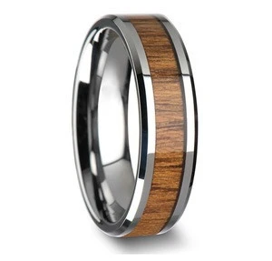 New Design Fashion Mens Ring 8mm Men Stainless Steel Ring Inlay Teak Wood Ring