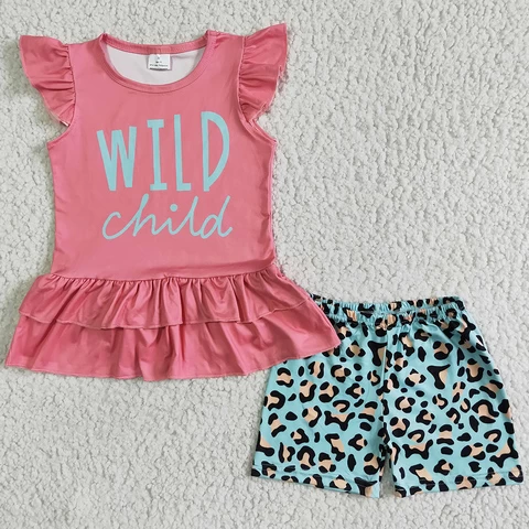 New Fashion Baby Girl Summer Clothes Leopard Tunic Top Icing Shorts Girls Boutique Clothing Outfits Wholesale Children Clothing