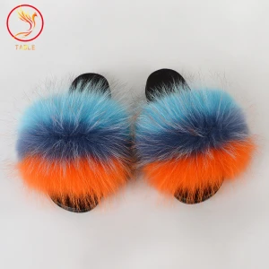 new real fashion style fur slippers raccoon fur slides women