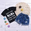 New summer baby girl letter short-sleeved printed T-shirt ripped denim shorts 2pcs clothing sets toddler girl set