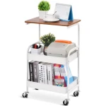 OWNSWING Utility Cart with Wooden Table Top 3-Tier Metal Rolling Storage Cart Black Rolling Trolley with Locking Wheels
