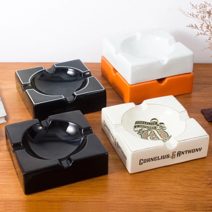 Personalized luxury hotel bar office custom logo ceramic ash tray square large black white cigar ashtray