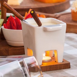 Porcelain Custom Square Shape Melting Pot with Bamboo Tray Ceramic Holland Tealight Fondue Set for Cheese Chocolate Tapas