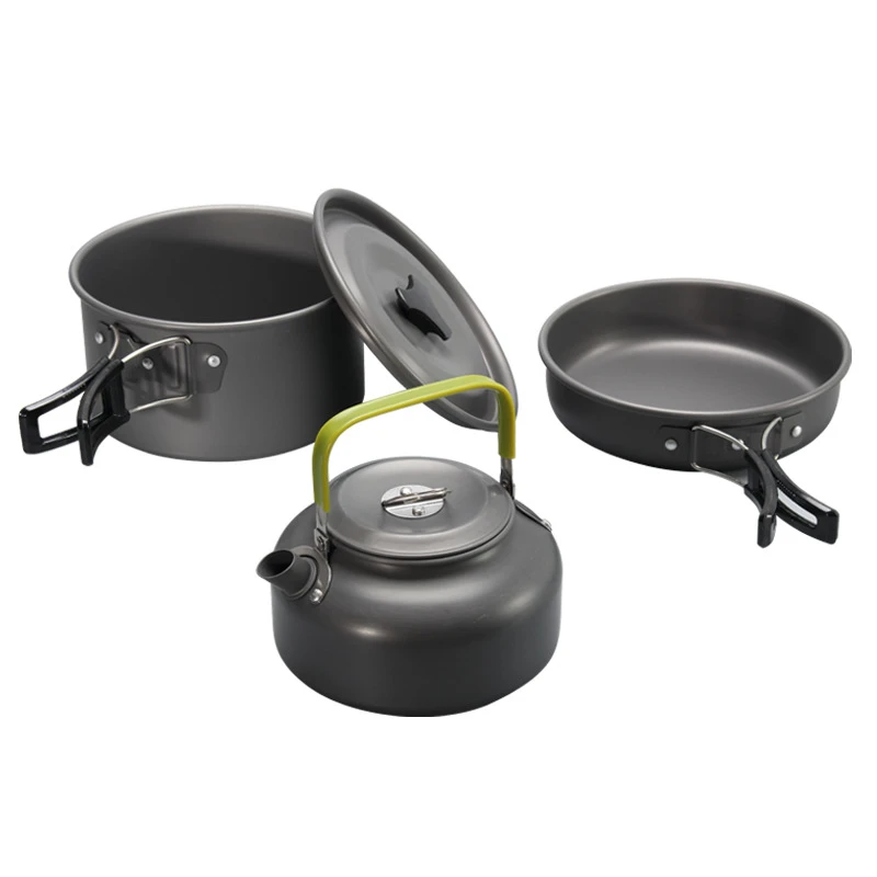 Portable Alloy Camping Cookware Set Big Picnic Pot Fry Pan Water Kettle Set with bag DS-308