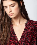 Red leopard shirt French print most beautiful red tone white show thin V-neck silk crepe top