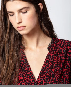 Red leopard shirt French print most beautiful red tone white show thin V-neck silk crepe top
