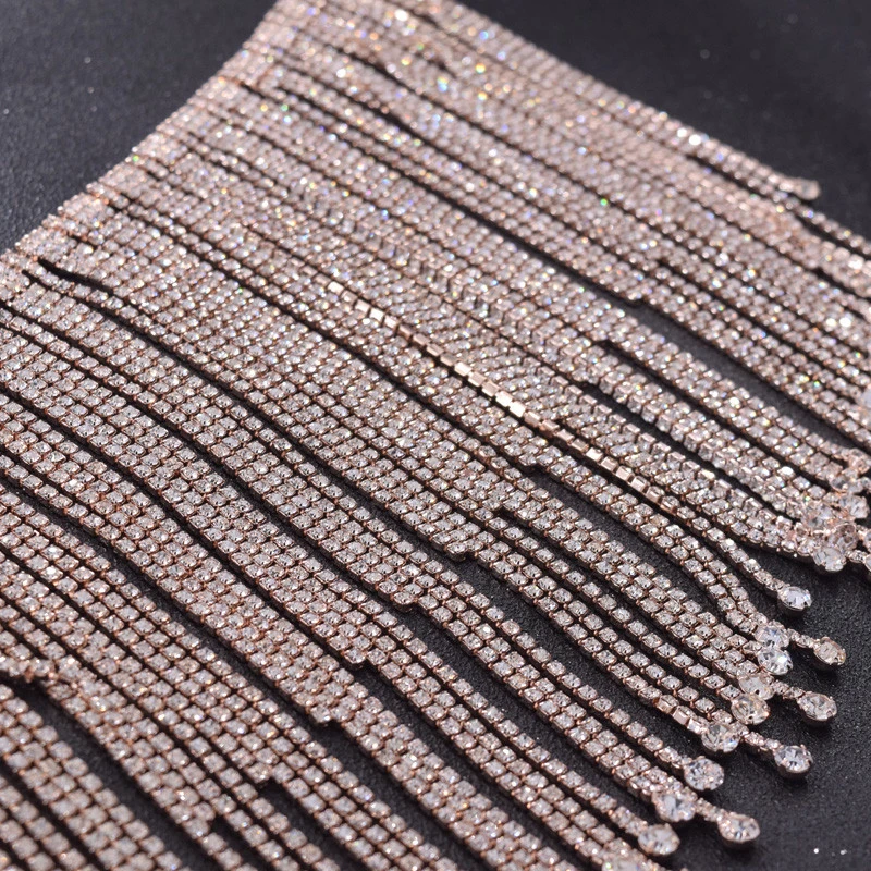 rose gold long fringe crystal rhinestone applique trim tassel strass patches trimmings