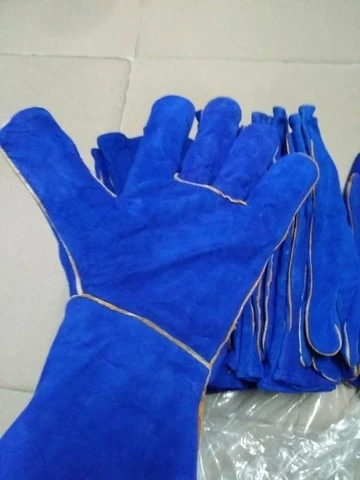 Size 14" long cow split leather bule color full ling working welding safety hand gloves